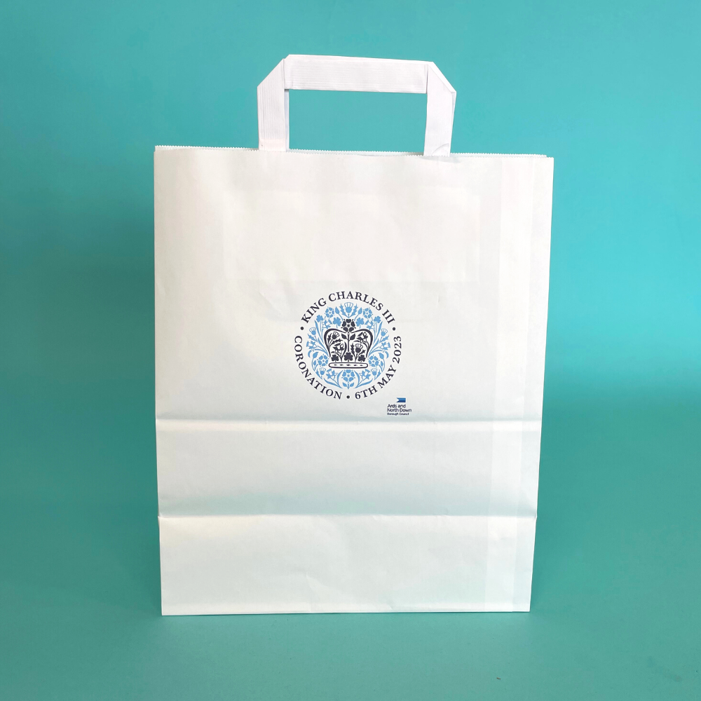 Customised Printed White Tape Handle Paper Carrier Bags - 254x140x305mm