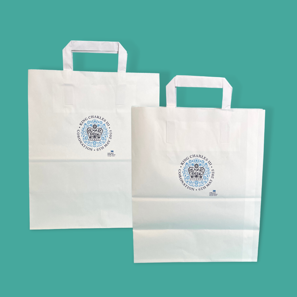 Customised Printed White Tape Handle Paper Carrier Bags - 254x140x305mm