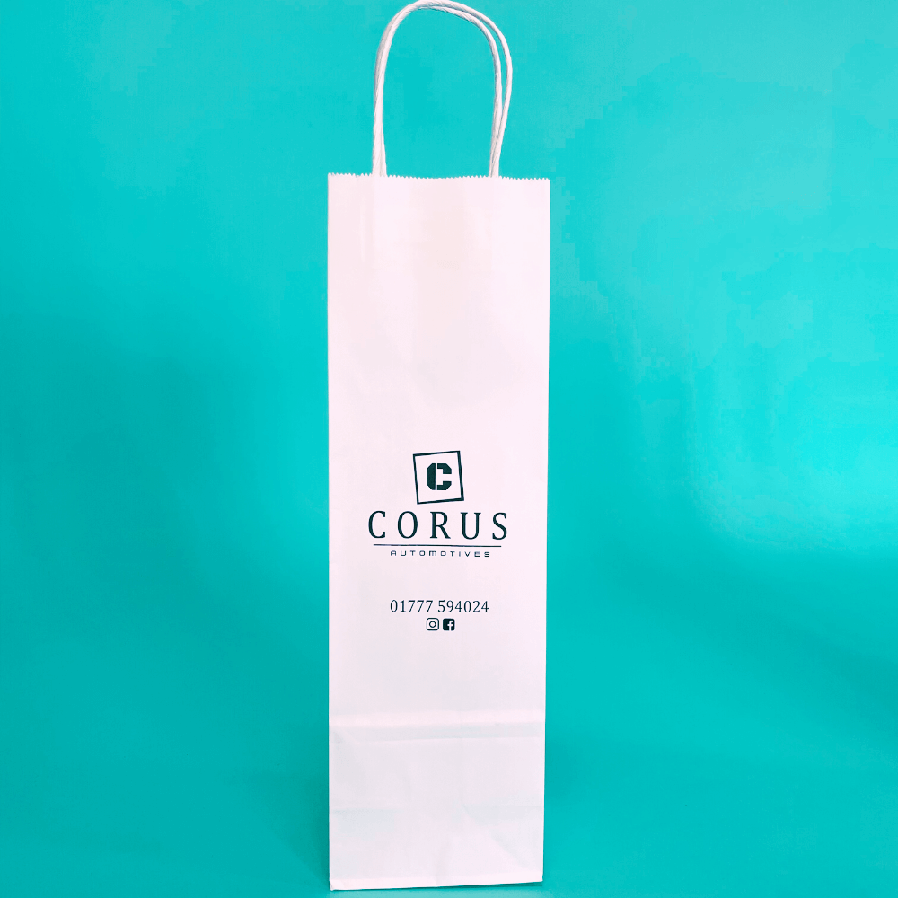 Customised Printed White Twist Handle Paper Carrier Bags - 110x85x360mm Customised Printed White Twist Handle Paper Carrier Bags - 110x85x360mm