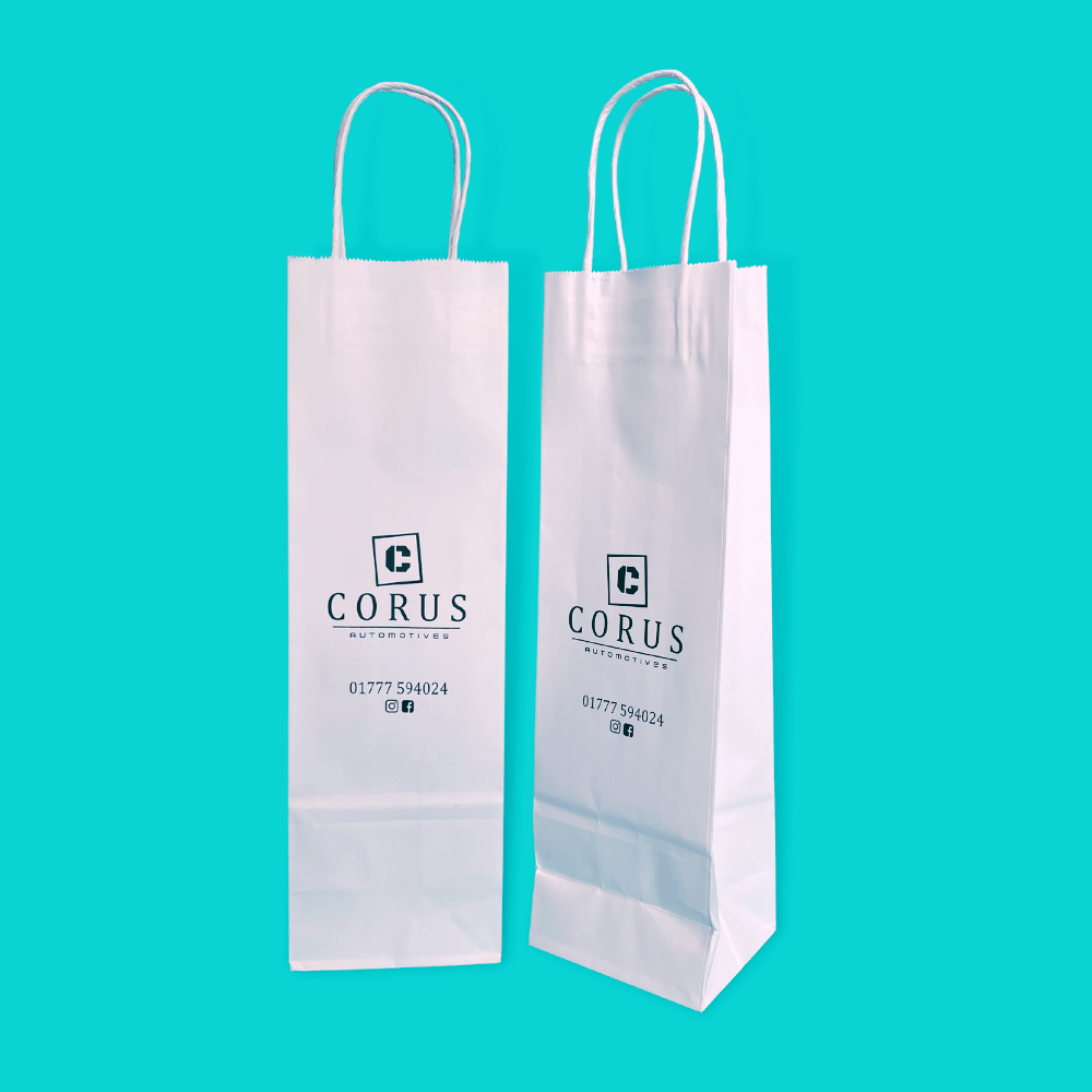 Customised Printed White Twist Handle Paper Carrier Bags - 110x85x360mm Customised Printed White Twist Handle Paper Carrier Bags - 110x85x360mm