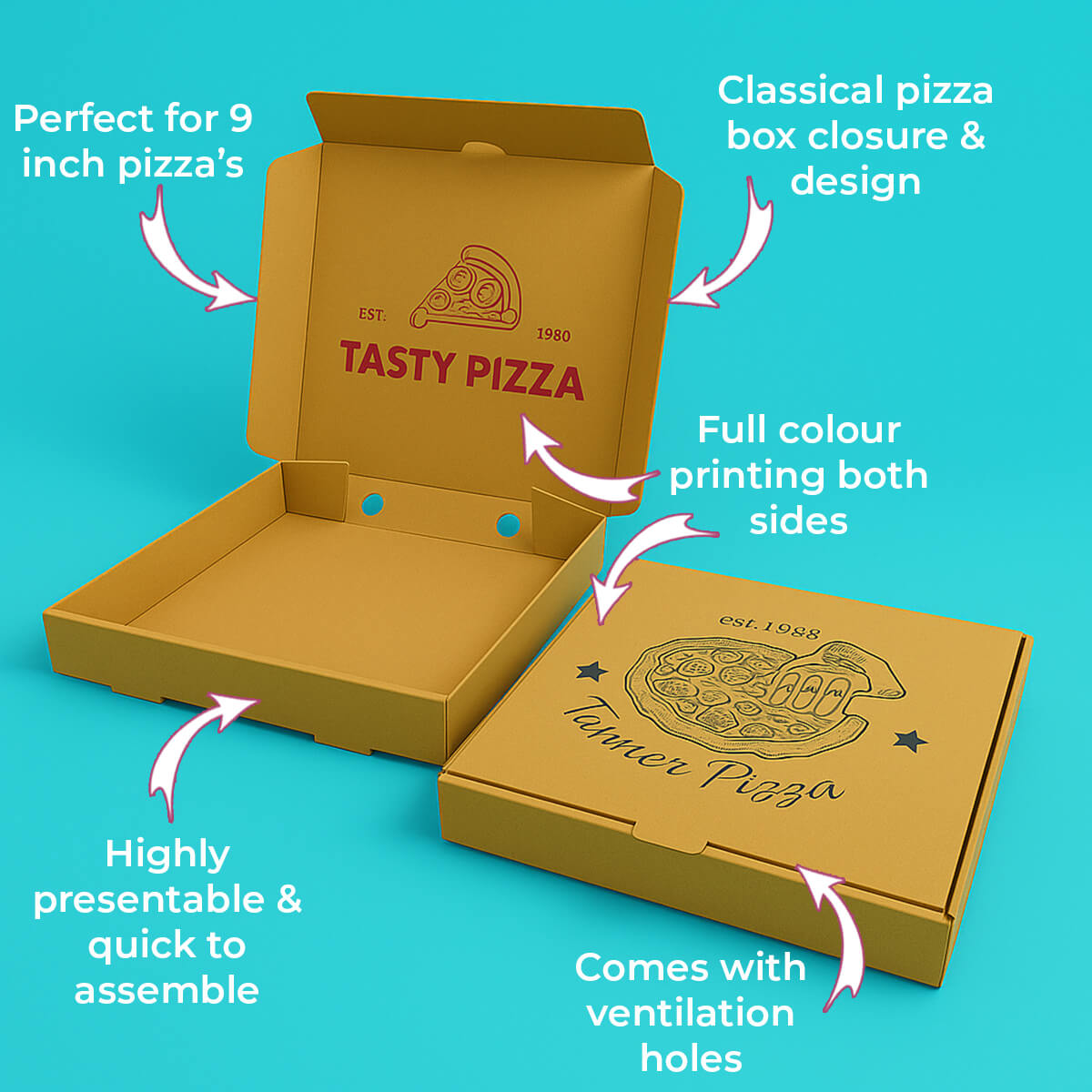 Customised Printed Brown 9 Inch Pizza Boxes - 229x229x38mm - Sample Customised Printed Brown 9 Inch Pizza Boxes - 229x229x38mm - Sample