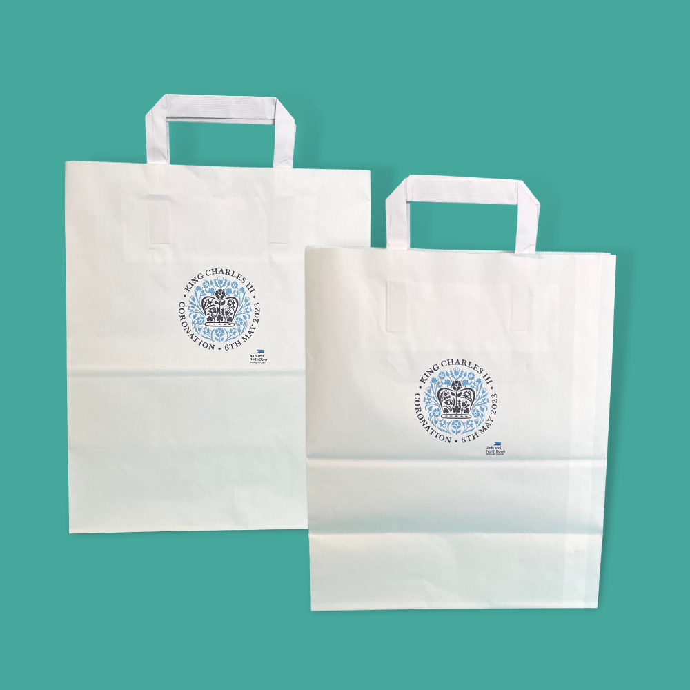 Customised Printed White Tape Handle Paper Carrier Bags - 203x127x254mm