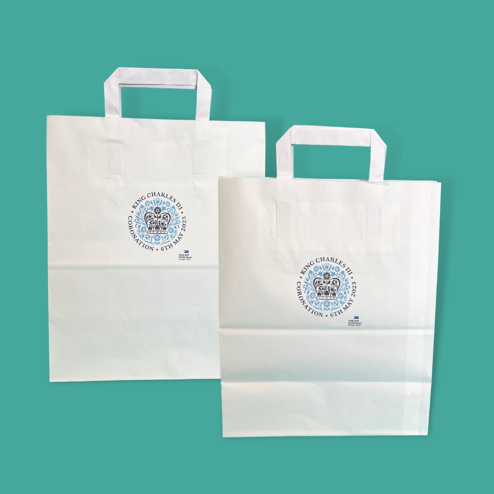 Customised Printed White Tape Handle Paper Carrier Bags - 254x140x295mm