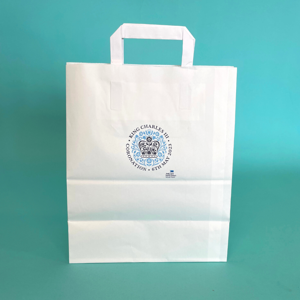 Customised Printed White Tape Handle Paper Carrier Bags - 305x127x406mm - Sample