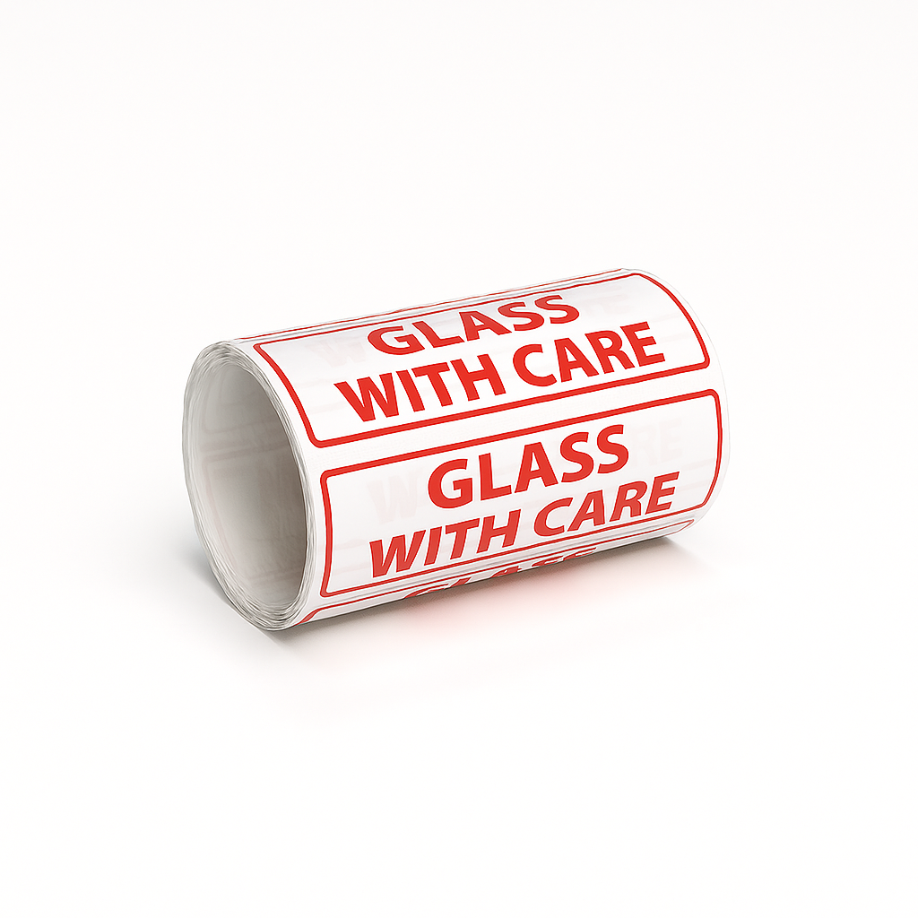 White &amp; Red &#39;Glass With Care&#39; Warning Labels - 152x50mm