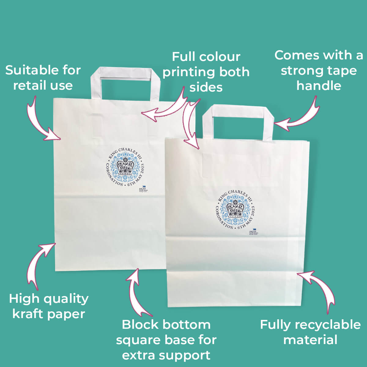 Customised Printed White Tape Handle Paper Carrier Bags - 254x140x295mm